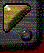 Two side-by-side triangular shapes with rounded corners, one gold and one red, on a pixelated background with a curved dark element below.