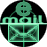 A circular icon with a black background features green text and symbols including 'mail' and an envelope, displayed in three of repeated elements