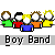 Pixel art of blue circular icons with 'P' and '55' symbols, red silhouettes, and text labels like 'Boy Band' and 'Get a life...' on gray background