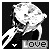 A black-and-white pixelated image of a stylized figure with flowing hair holding an object, featuring the word 'Love' and a small heart symbol below it.