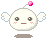 A 2x2 contact sheet of four pixel art frames showing a white round character with wings, pink cheeks, and a floating pink gem above its head against a gray background.