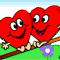 Two red heart-shaped characters with cartoonish faces sit on a brown branch against green grass and light blue sky, one smiling with closed eyes while the other has open eyes.