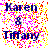 Pixelated text 'Karen & Tammy' in dark blue with red, yellow, and pink pixel noise on white background.