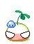 Pixel art character with pink body, white eyes, and green stem; blue bubble on top transitions to red/orange explosion then black smoke.