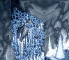 Pixelated scene of a blue crystalline structure with dark gray rocks against a rocky background, featuring vertical white streaks and bright light effects.