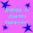 Pixelated cyan text "Dallas & Justin Forever!" repeated four times on a solid purple background with scattered blue star shapes.