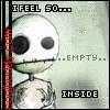 Pixelated static image of a cartoonish white stick figure with large black eyes and a thin mouth, set against a light green background with text elements including "I FEEL 50...", "EMPTY...", and "INSIDE" in blocky font.