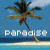 Pixelated beach scene with palm tree, blue sky, and ocean; text 'paradise' in white pixel font below the tree.