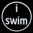 Black background with white pixelated text and a circular border; 'i swim' inside the circle, 'any questions?' to the right.