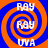 Four identical display orange and blue spiral patterns with white text reading RAY at top, middle, bottom, and UVA at the very bottom of each