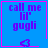 Blue square with pink border contains purple text 'call me lil' gugli', a small pixelated heart, and a larger pixelated heart in the bottom-right corner.