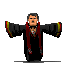 Pixelated character in black robe with red accents stands with arms outstretched, displaying subtle animation changes across frames.