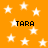 Orange background with white stars and repeated black text 'TARA' in pixelated font.
