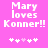 Pixelated text on pink background reads 'Mary loves Konner!!' with five white and light pink symbols below, two versions differ in symbol order.