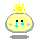 Pixelated yellow oval face with black square eyes, cyan teardrop-shaped nose and mouth, pink plus signs on cheeks, green outline, yellow star above head.