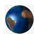 Animated globe rotating to show different continents with blue oceans and brown landmasses, light reflection on surface.