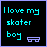 Static pixel art icon with cyan text and a purple skater symbol on black background, framed by light blue border.