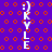 Vertical white text 'KYLE' with a winking face ':)' above it on a purple background patterned with orange circles.