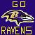 Static pixelated icon featuring a stylized bird logo with yellow text "GO" above and "RAVENS" below on a dark blue background.