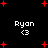 Black background with red plus signs scattered ; four instances of 'Ryan <3' text in white pixelated font arranged in a pattern