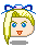 Pixel art avatar with blonde hair, blue bow, and blue eyes showing four distinct mouth expressions.