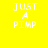 Yellow background with white pixelated text "JUST A PIMP" and blue horizontal bars shifting across the text in four variations.