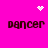 A bright pink background displays four 'dancer' text labels arranged in a , with pixelated white heart and starburst symbols above the top