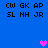 Blue background with black text blocks and three pixelated hearts in pink, purple, and light purple.