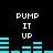 Pixelated text "PUMP IT UP" appears above cyan audio equalizer bars on a black background, with the bars changing height across frames.