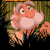 Pixelated cartoon character with light brown hair, large eyes, and a wide mouth, wearing a green shirt and blue pants, holding a pink flower-like object against a dark background.