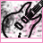 Animated sequence of a pink electric guitar icon with black outlines and white background, showing text changes beneath the instrument.