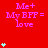 Red background with repeated pink text "Me+ My BFF= love" and cyan heart clusters in a pattern, some hearts animate vertically
