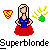 Pixel art of a blonde woman in blue top and red skirt with hands on hips, surrounded by yellow checkered heart, green leaf, and yellow sparkles.