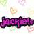 Pixelated text 'Jackie!' in bright pink with black outline over white background filled with pastel heart outlines.