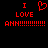 Red pixelated text and heart symbol on black background, with two side-by-side versions of the phrase "I LOVE ANN!" differing in exclamation mark count.