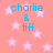 Coral background with light pink stars; blue text 'charlie & tiff' in pixelated font, repeated four times across the image.