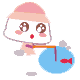 A cartoon character with a pink hat and white face holds a fishing rod over a blue pond with a red fish, showing multiple facial expressions and rod positions.