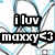 Pixelated icon with blue and gray abstract background, black text boxes containing "iluv" and "maxxy<3" in white pixelated font.