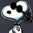 Pixelated cartoon dog head with black eyes and nose, white and blue coloring, and a black collar, with 'SNOOPY' text in white block letters on a black background.