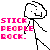 Pixelated static image featuring a stick figure with a cloud-shaped head and pink text reading "STICK PEOPLE ROCK."