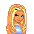 Animated contact sheet of a pixel-art character with blonde hair and blue dress, showing facial expressions, body parts, and glowing effects across 25 frames.