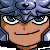 Pixel art contact sheet of six animated frames showing a character with silver helmet, green eyes, and brown skin in various expressions.