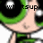 Pixelated cartoon character with green hair and black eyes, wearing a green outfit; text above the head changes between frames.