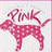 Pixelated pink dog with white spots stands facing left, head turned right, above stylized 'PINK' text on light gray background.