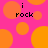 A static image with a bright pink background covered in orange circles of varying sizes, with the text "i rock" in black pixelated font repeated four times.