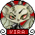A circular icon with a pale, stylized creature face featuring red eyes and a red scarf, labeled 'VIRA' on a red banner below.