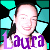 six shows a person with dark hair in pigtails against a teal and black geometric background, each displaying the name "Laura" in different color combinations