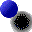 A blue sphere moves toward a black circular hole with a gray border, then shrinks and shifts position