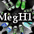 A circular arrangement of colorful, pixelated figures surrounds a central heart shape with the text "MegH1" overlaid in white.