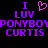 Pixelated purple text on black background reads 'I ❤️ LUV PONYBOY CURTIS' with a pink heart symbol replacing the word love.